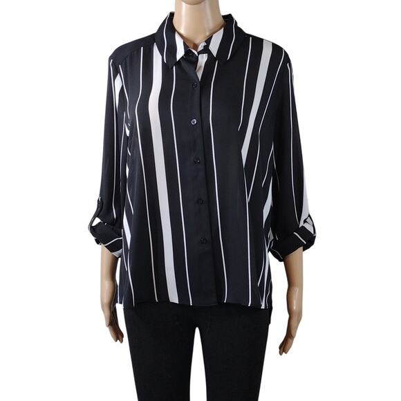 INC International Concepts Black White Stripes Flowy Button Down Shirt Size L - Picture 1 of 14